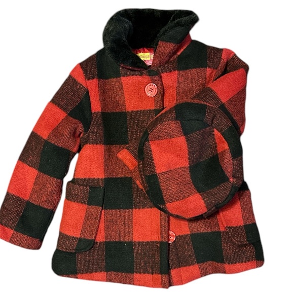 Girls Buffalo Plaid Coat & Hat set - Picture 3 of 3